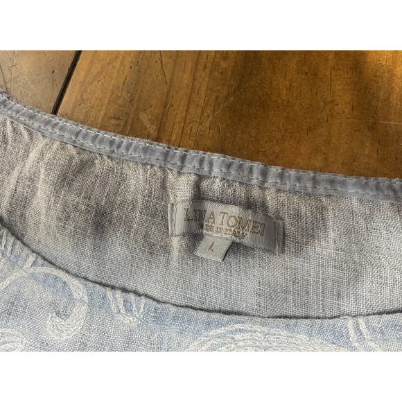 LINA TOMEI Chambray Blue Coastal Embroidered 100% Linen Dress Large Italy - Picture 3 of 11